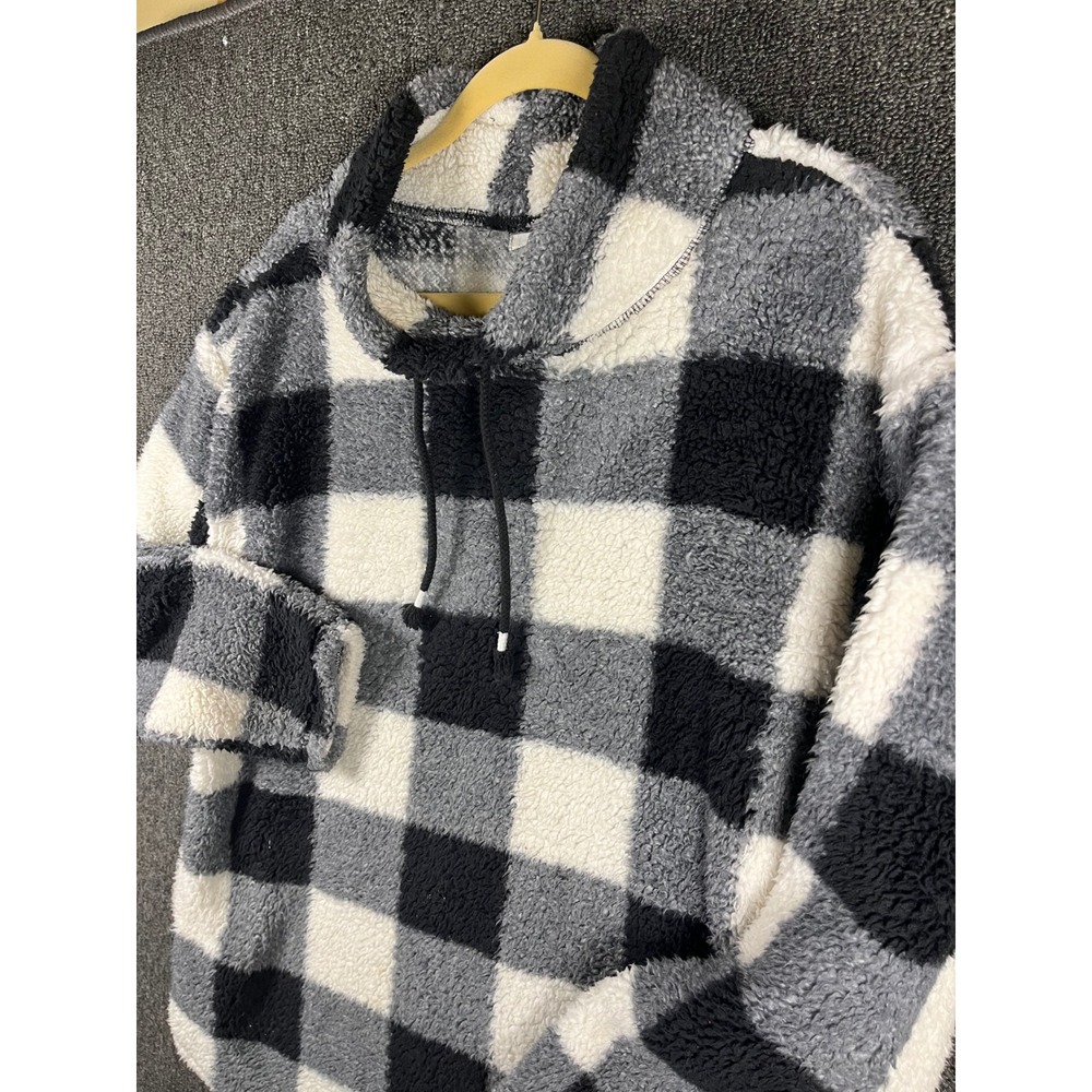 Maurices Womens Buffalo Plaid Sherpa Pullover Grey Black White Cowl Neck Large